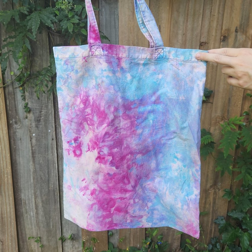 hand-tie-dyed tote bag -- fucsia and light blue